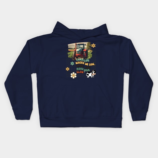 Country Life with Vintage Land Tractor Kids Hoodie by RetroColors